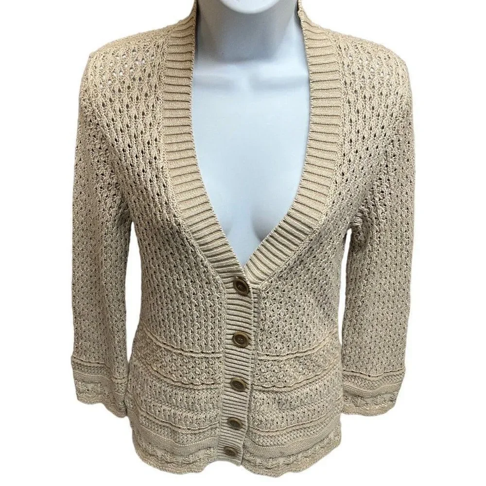 Eddie Bauer Open Knit Cotton Cardigan Sweater‎ Beige Coastal Beachy S